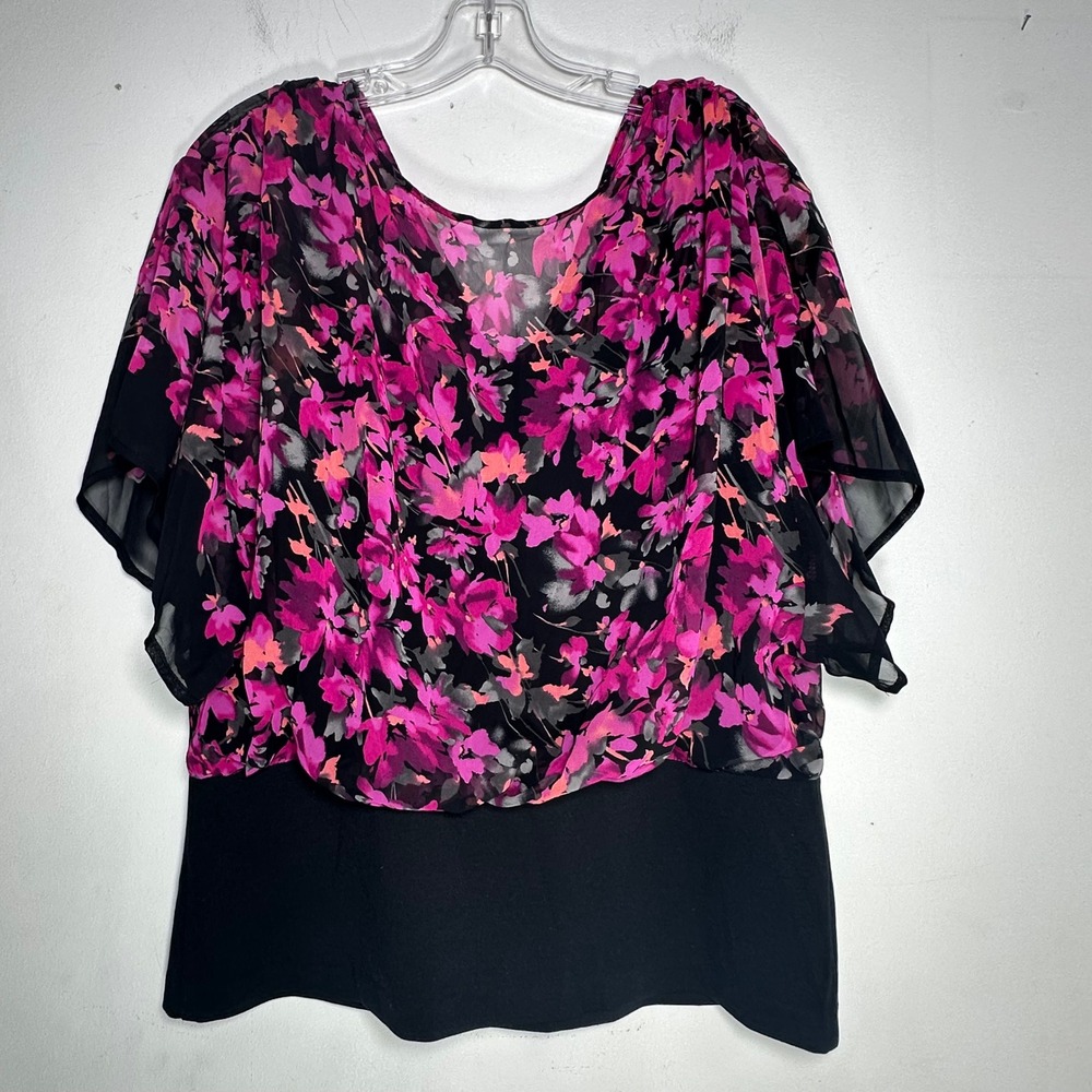 Elle‎ Leading Lady Mirror Pink Floral Chiffon Layered Blouse FEL32122 Large NWT